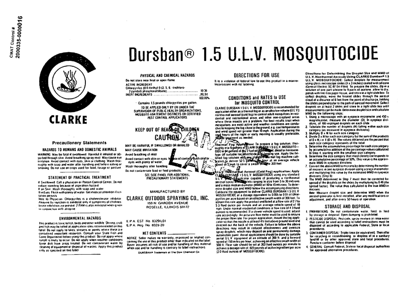 Clarke Outdoor Spraying Co., Product label for Dursban� 1.5 U.L.V. Mosquitocide. Roselle, Illinois, (no date).