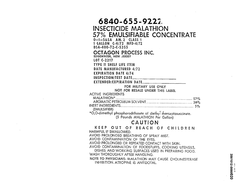 Octagon Process Inc.,  Product Label for Insecticide Malathion Diazinon Emulsifiable Concentrate (contains 57% malathion), Edgewater, New Jersey, September 18, 1973, 2 p.