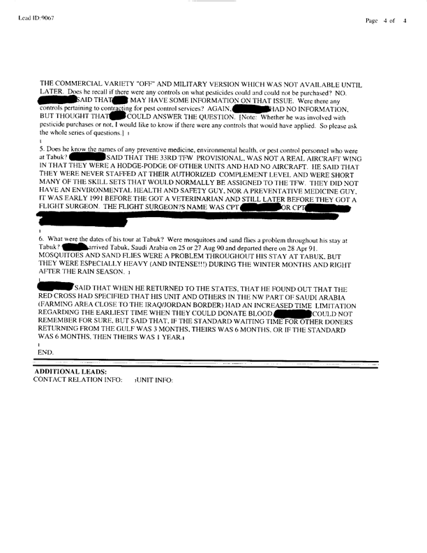   Lead Sheet #9067, Interview with a US Air Force contracting officer stationed in Tabuk City, January 16, 1997.