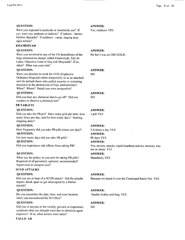   Lead Sheet #9415, Interview with 319th airborne Field Arty Regiment targeting/intell. specialist, May 20, 1997.
