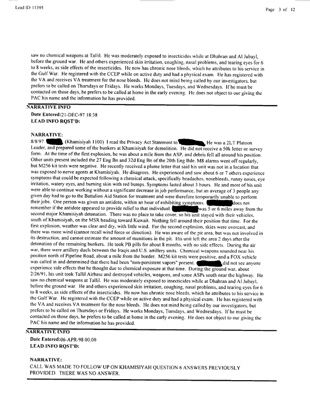   Lead Sheet #11395, Interview with 307th Engineer Battalion platoon leader, September 30, 1998.