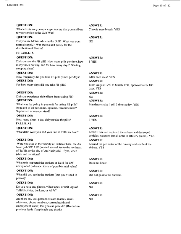   Lead Sheet #11395, Interview with 307th Engineer Battalion platoon leader, September 30, 1998.
