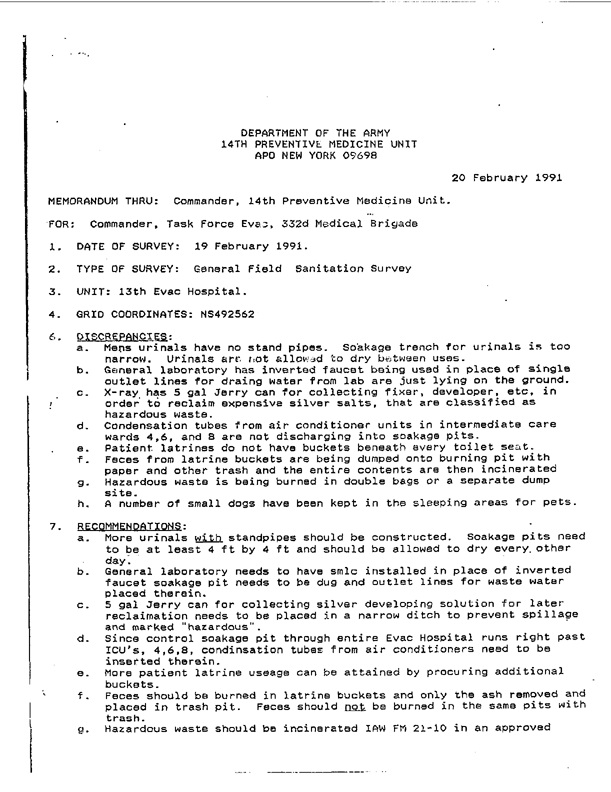   Memorandum from 14th Preventive Medicine Detachment Commander for 332nd Medical Brigade Commanding General, Subject: �Synopsis of Major Diseases in Theater of Operation,� February 13, 1991.