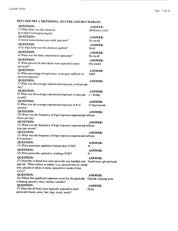   Lead Sheet #14384, Interview with 307th Medical Battalion preventive medicine specialist, February 9, 1998.
