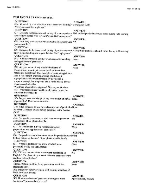   Lead Sheet #14384, Interview with 307th Medical Battalion preventive medicine specialist, February 9, 1998.