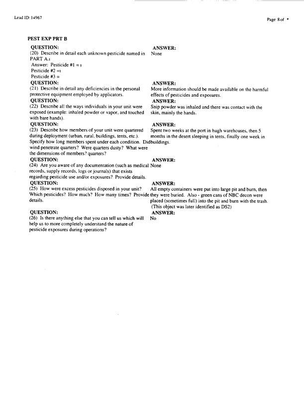   Lead Sheet #14967, Interview with 71st Medical Detachment preventive medicine specialist, February 10, 1998.