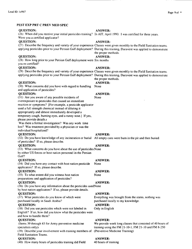   Lead Sheet #14967, Interview with 71st Medical Detachment preventive medicine specialist, February 10, 1998.