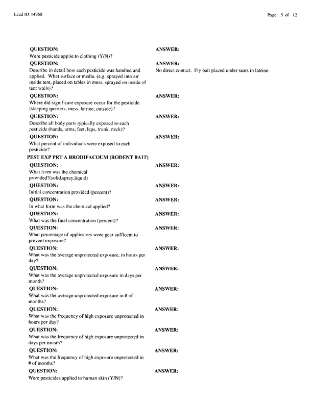 Lead Sheet #14968, Interview with 714th Medical Detachment preventive medicine specialist, February 10, 1998.