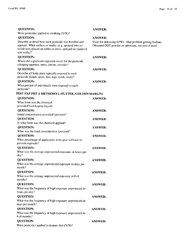   Lead Sheet #14968, Interview with 714th Medical Detachment preventive medicine specialist, March 10, 1998.