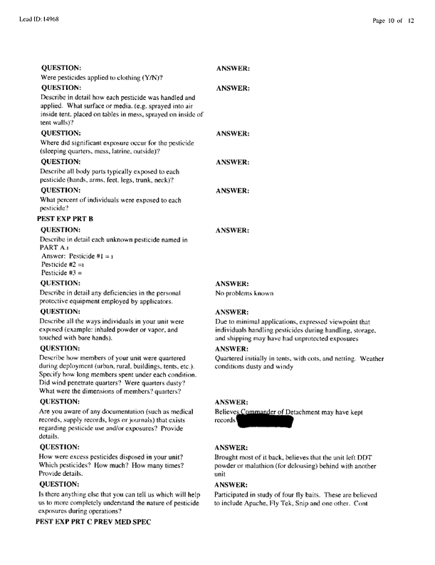   Lead Sheet #14968, Interview with 714th Medical Detachment preventive medicine specialist, February 10, 1998.