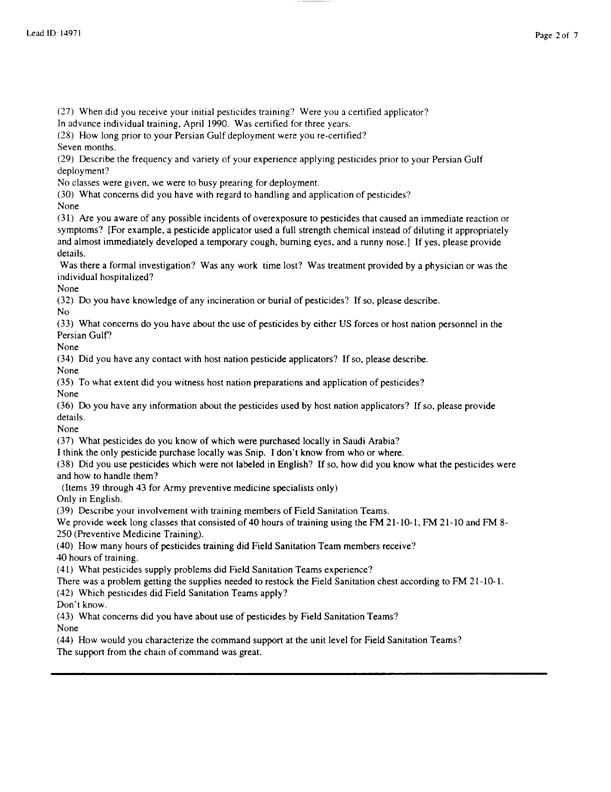   Lead Sheet #14971, Interview with 1st Armored Division, 123rd Combat Support Battalion, Company F preventive medicine specialist, February 10, 1998.