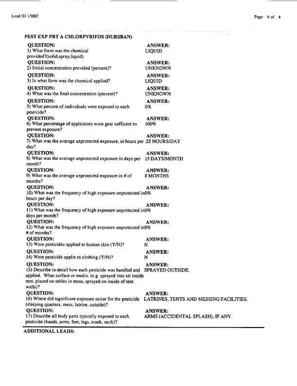   Lead Sheet #15002, Interview with 307th Medical Detachment preventive medicine specialist, March 11, 1998.
