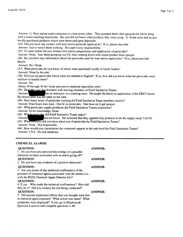   Lead Sheet #15019, Interview with 926th Medical Detachment preventive medicine specialist, May 6, 1998.