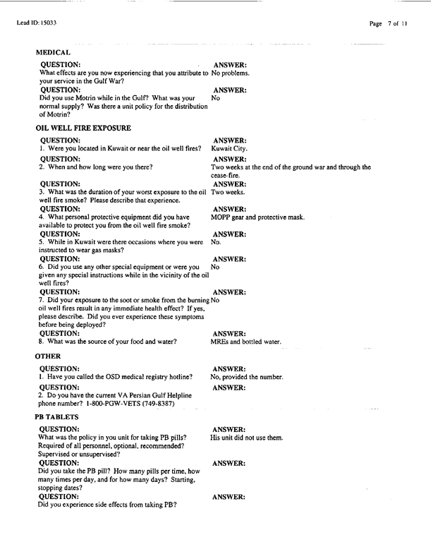   Lead Sheet #15033, Interview with 14th Medical Detachment preventive medicine specialist, September 11, 1998; 