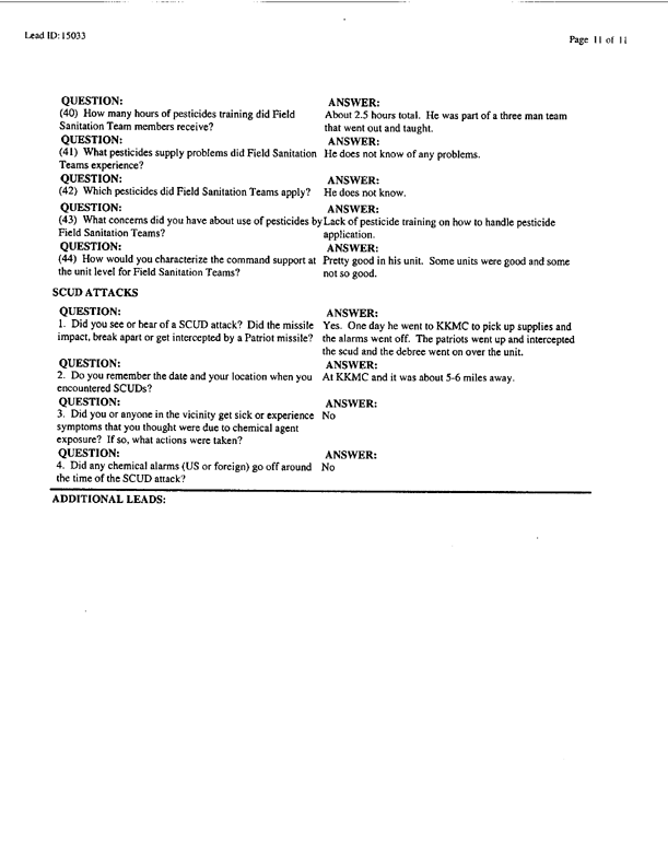 Lead Sheet #15033, Interview with 14th Preventive Medicine Detachment preventive medicine specialist, September 9, 1998;