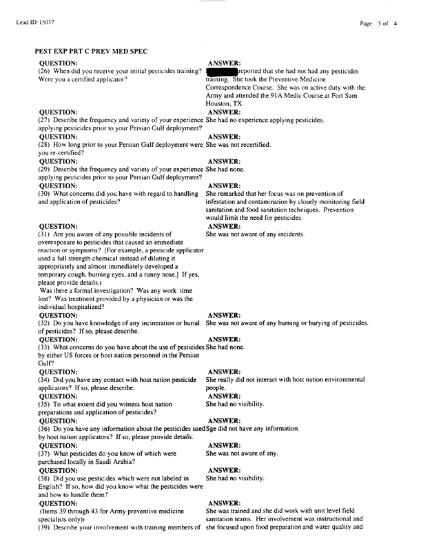   Lead Sheet #15037, Interview with 14th Medical Detachment preventive medicine specialist, February 11, 1998.