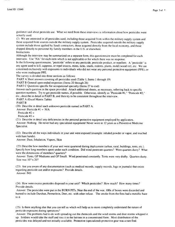   Lead Sheet #15040, Interview with 71st Medical Detachment preventive medicine specialist, March 3, 1998.
