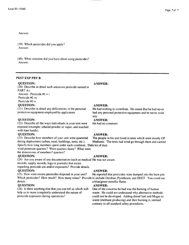 Lead Sheet #15040, Interview with 71st Medical Detachment preventive medicine specialist, February 26, 1998
