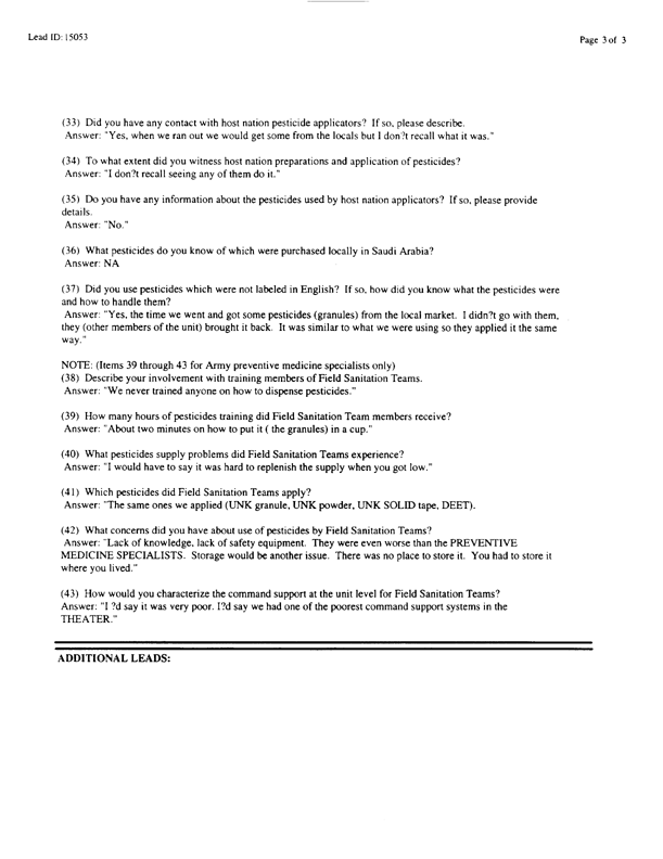   Lead Sheet #15053, Interview with 223rd Medical Detachment preventive medicine specialist, February 13, 1998.
