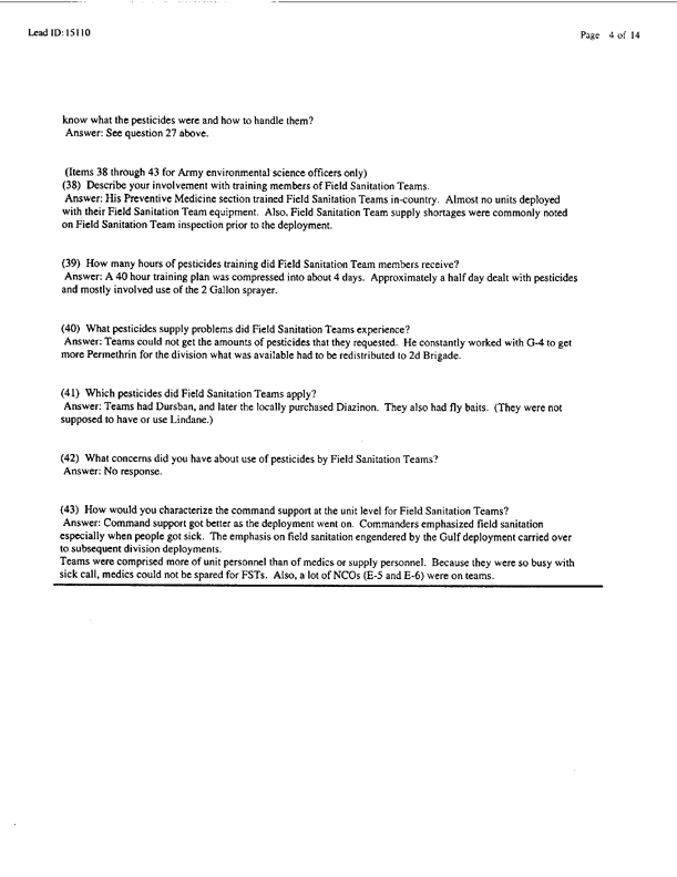   Lead Sheet #15110, Interview with 307th Medical Battalion environmental science officer, February 26, 1998.