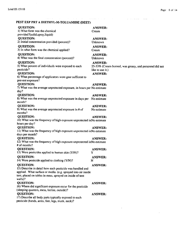   Lead Sheet #15110, Interview with 307th Medical Battalion environmental science officer, February 16, 1998.