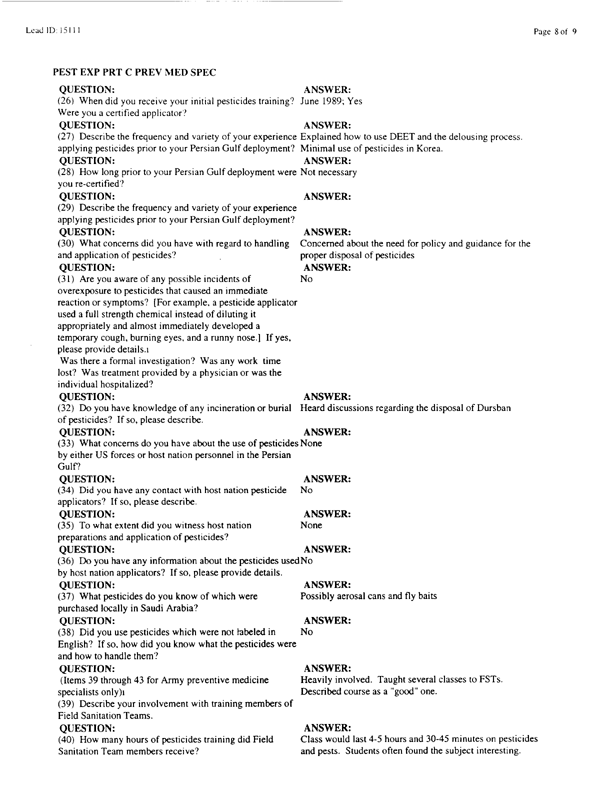 Lead Sheet #15111, Interview with 24th Mechanized Infantry Division preventive medicine specialist, February 16, 1998.
