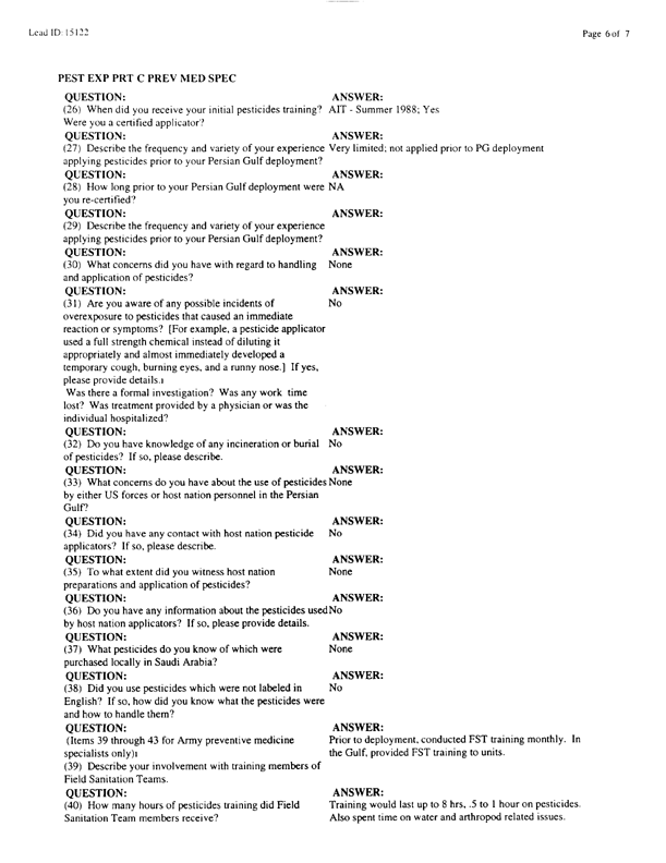 Lead Sheet #15122, Interview with 24th Mechanized Infantry Division preventive medicine specialist, February 17, 1998.