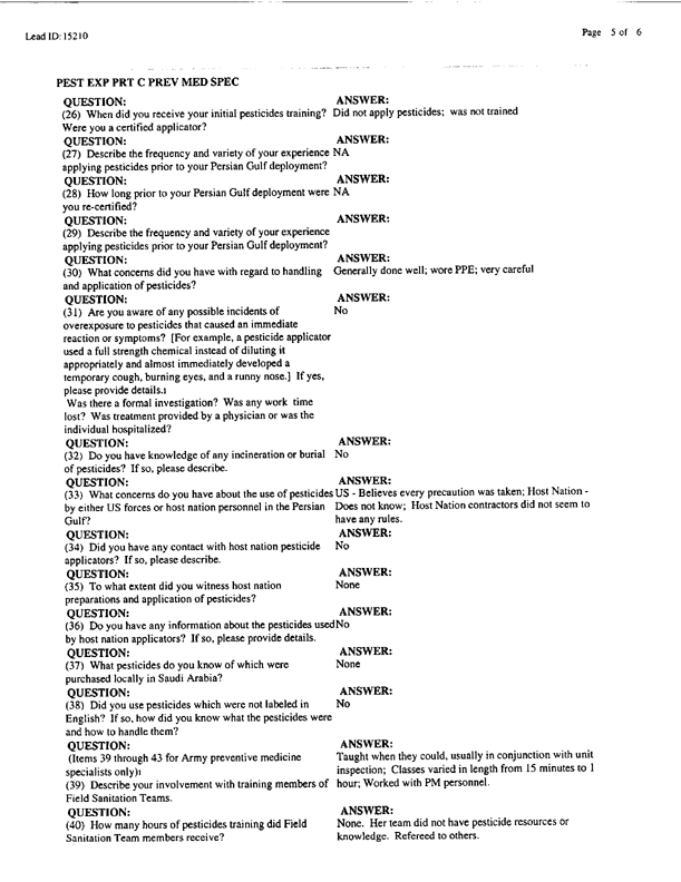   Lead Sheet #15210, Interview with 12th Medical Detachment preventive medicine specialist, February 27, 1998.