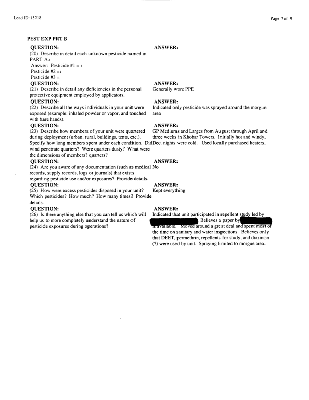   Lead Sheet #15218, Interview with 714th Medical Detachment preventive medicine specialist, February 27, 1998.