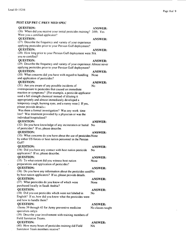   Lead Sheet #15218, Interview with 714th Medical Detachment preventive medicine specialist, February 27, 1998.