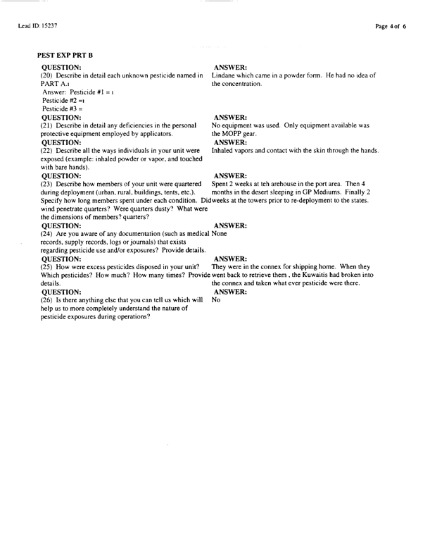   Lead Sheet #15237, Interview with 14th Medical Detachment preventive medicine specialist, March 3, 1998.