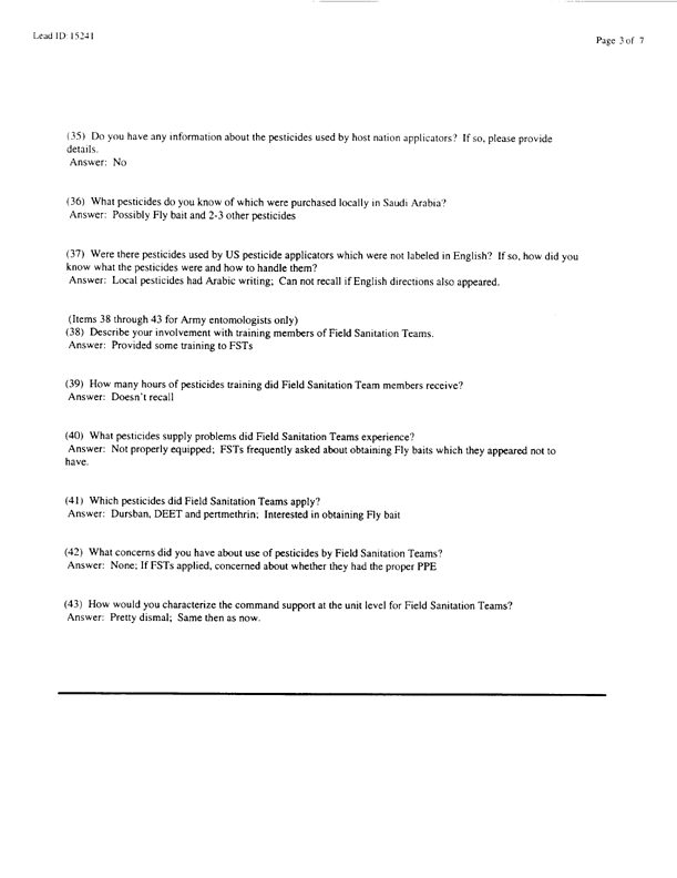   Lead Sheet #15241, Interview with 714th Medical Detachment entomologist, March 3, 1998.