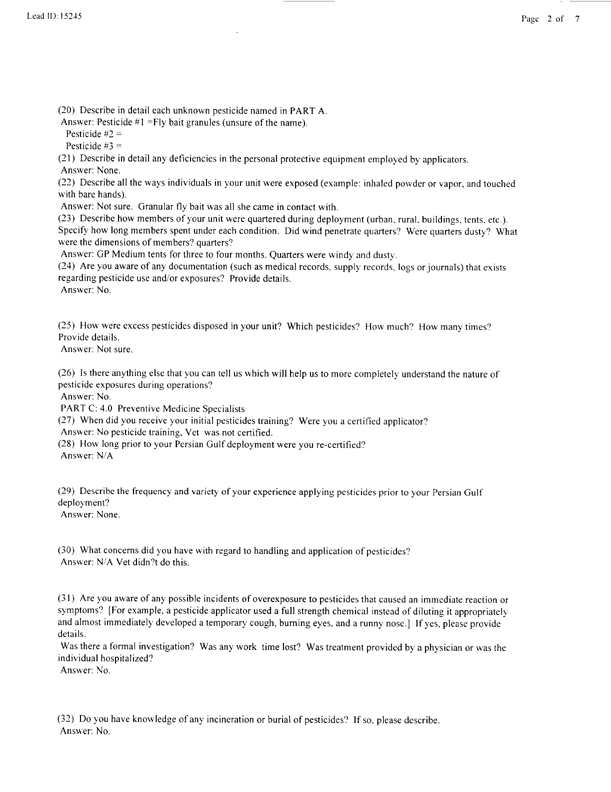   Lead Sheet #15245, Interview with 14th Medical Detachment preventive medicine specialist, March 3, 1998.