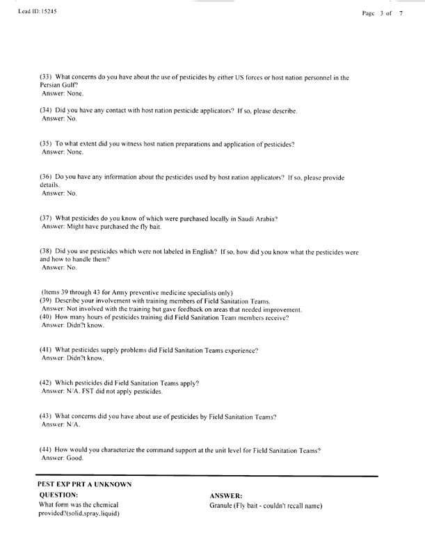   Lead Sheet #15245, Interview with 14th Medical Detachment preventive medicine specialist, March 3, 1998.
