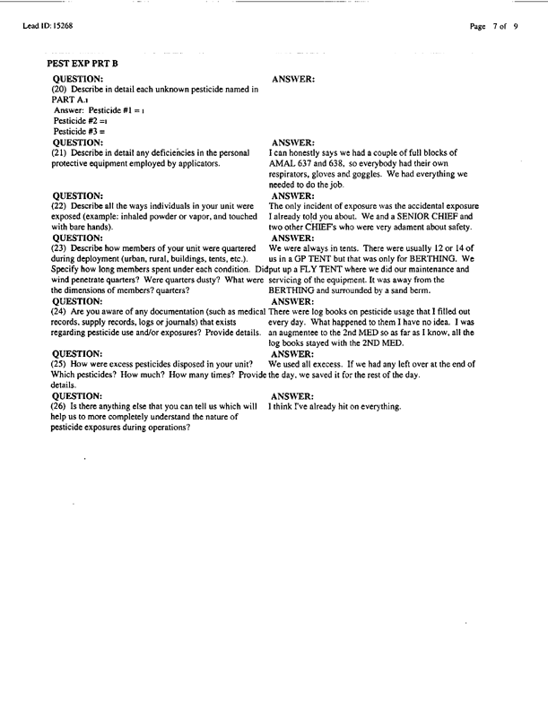   Lead Sheet #15268, Interview with 2nd Medical Battalion preventive medicine specialist, July 29, 1998.