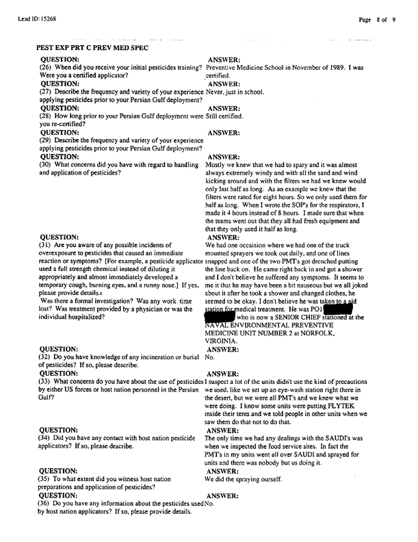   Lead Sheet #15268, Interview with 2nd Medical Battalion preventive medicine specialist, July 29, 1998.