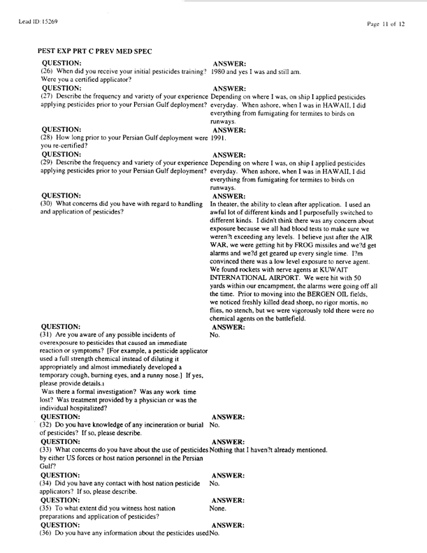   Lead Sheet #15269, Interview with 1st Marine Expeditionary Force preventive medicine technician, March 30, 1998; 