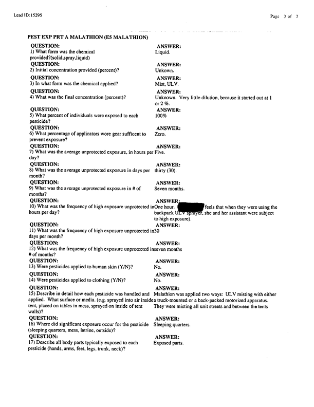   Lead Sheet #15295, Interview with 3rd Marine Air Wing preventive medicine technician, July 2, 1998.