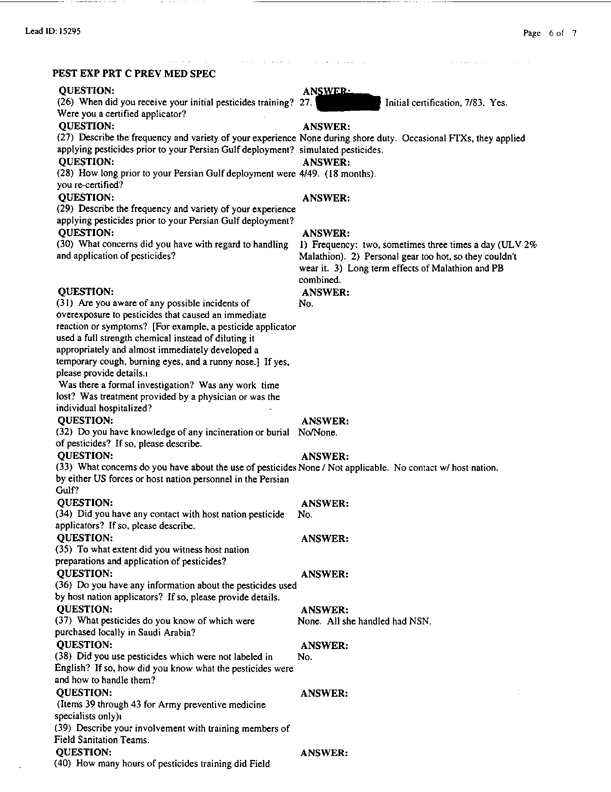 Lead Sheet #15295, Interview with 3rd Marine Air Wing preventive medicine technician, July 2, 1998, p. 2.