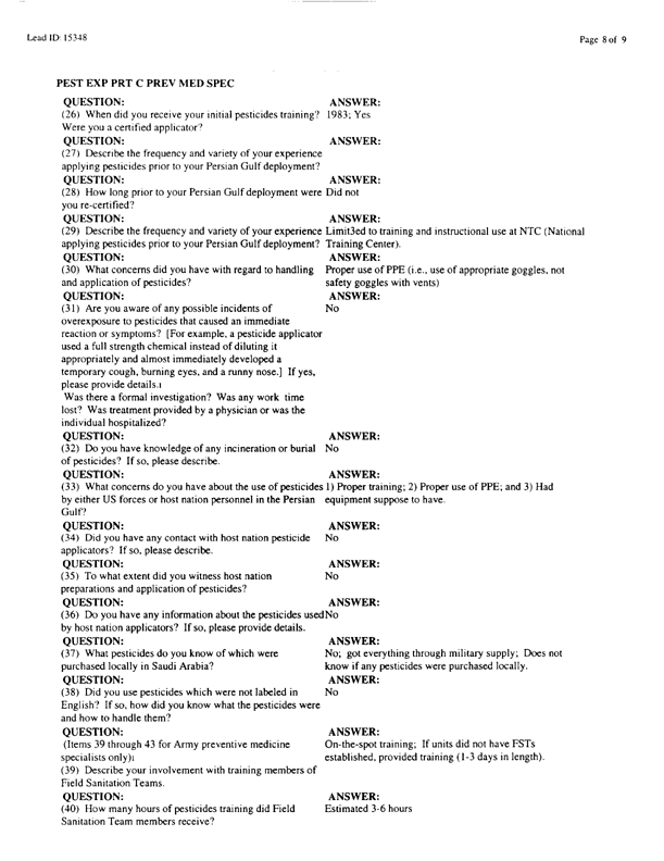   Lead Sheet #15348, Interview with 61st Medical Detachment preventive medicine technician, March 6, 1998.