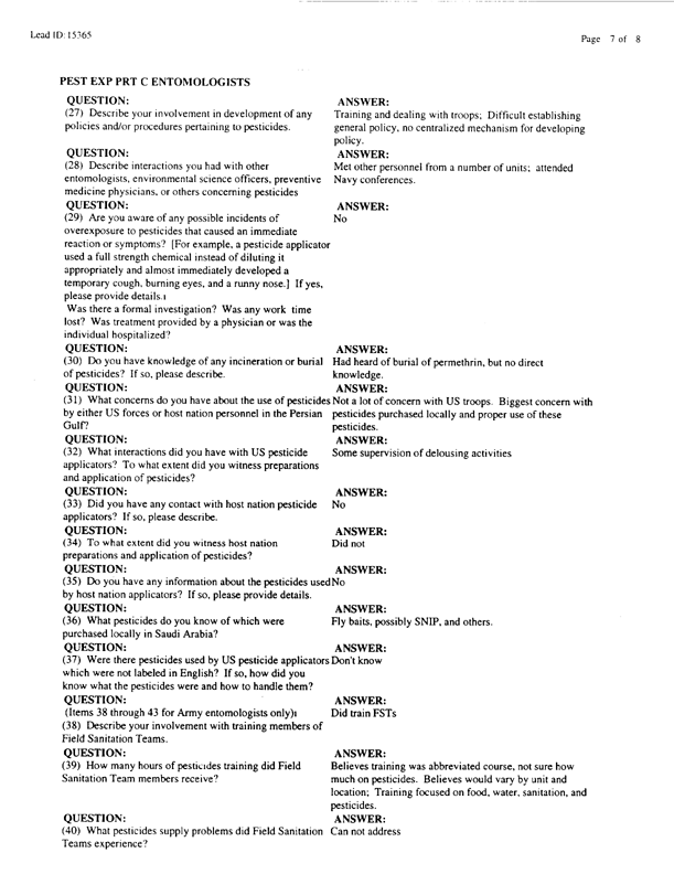   Lead Sheet #15365, Interview with 12th Medical Detachment entomologist, March 9, 1998.