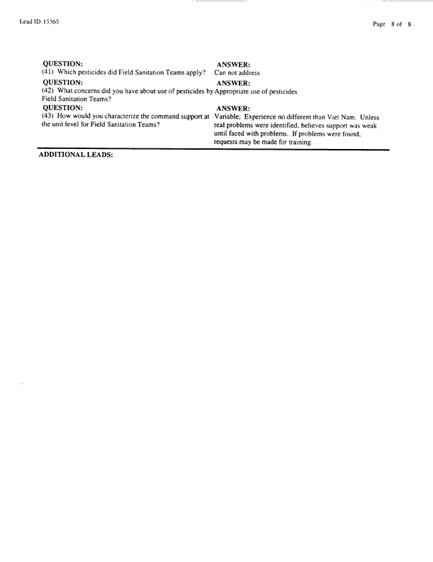   Lead Sheet #15365, Interview with 12th Medical Detachment entomologist, March 9, 1998.