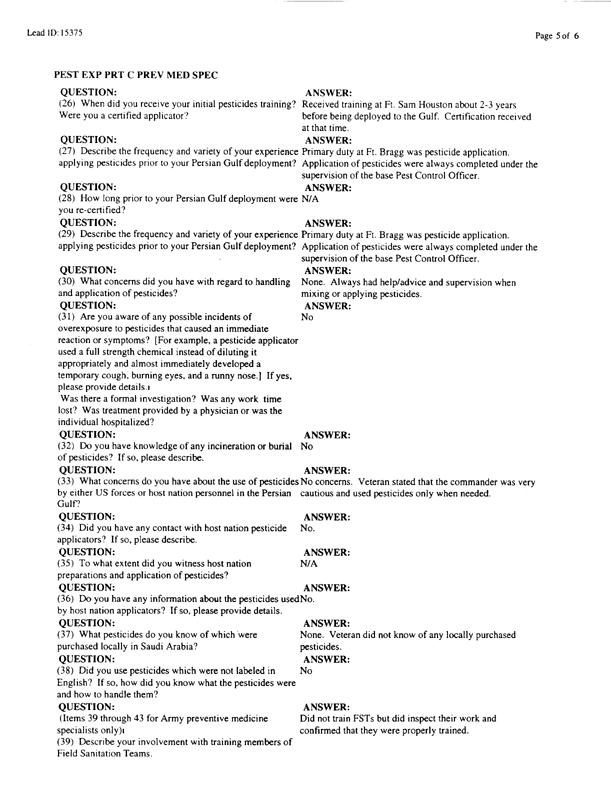   Lead Sheet #15375, Interview with 714th Medical Detachment preventive medicine specialist, March 9, 1998.