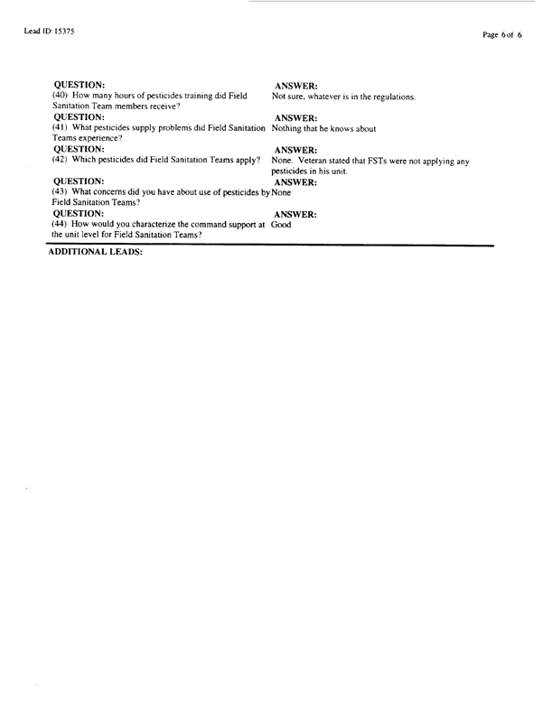   Lead Sheet #15375, Interview with 714th Medical Detachment preventive medicine specialist, March 9, 1998.