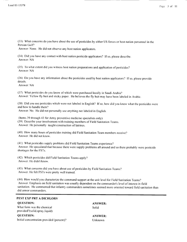   Lead Sheet #15378, Interview with 14th Medical Detachment preventive medicine specialist, March 9, 1998.