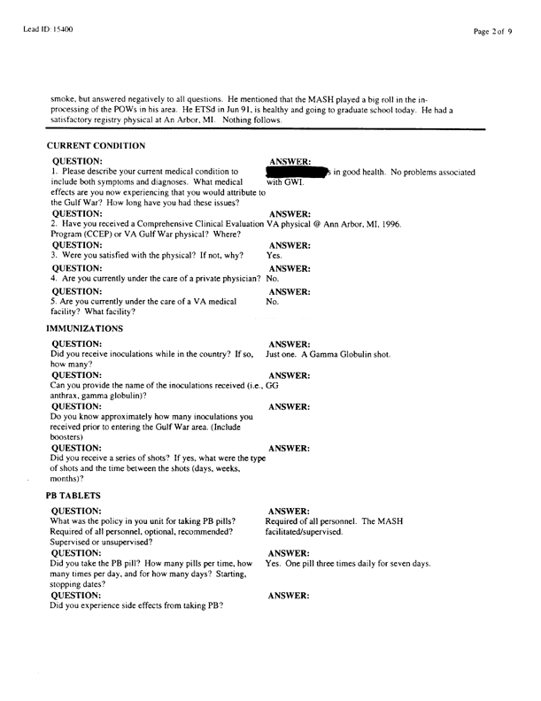   Lead Sheet #16044, Interview with 24th Mech. Infantry Division preventive medicine specialist, May 20, 1998.