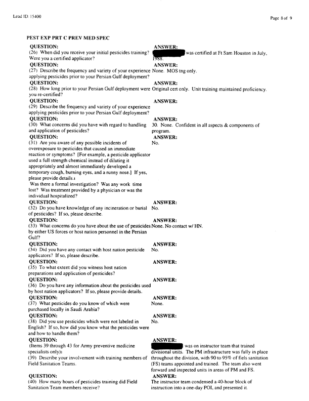   Lead Sheet #16044, Interview with 24th Mech. Infantry Division preventive medicine specialist, May 20, 1998.