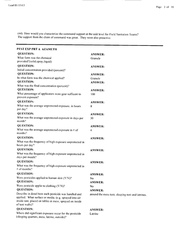   Lead Sheet #15413, Interview with preventive medicine specialist, 105th Medical Detachment, March 10, 1998.