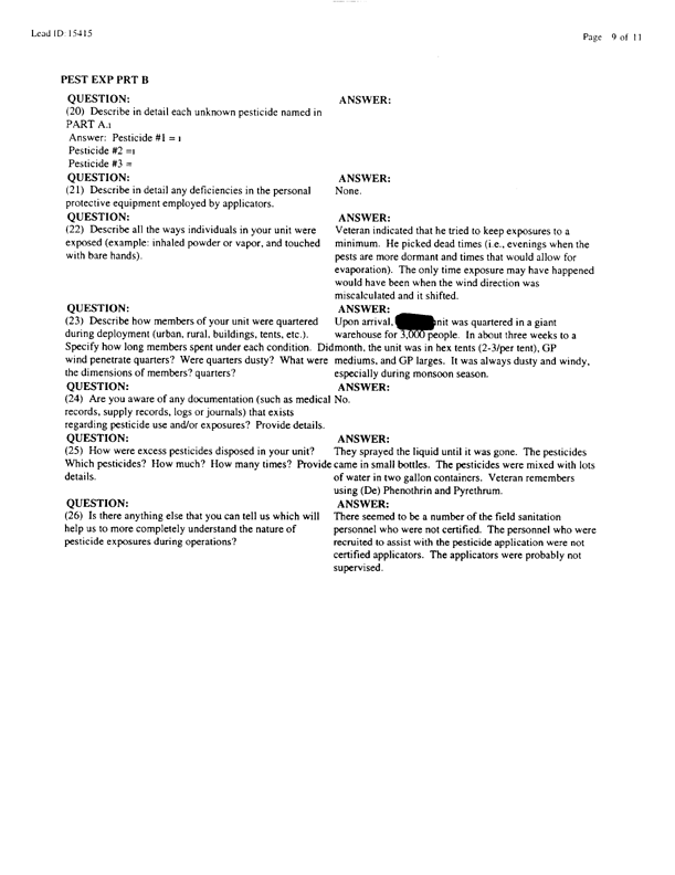   Lead Sheet #15415, Interview with 3rd Armored Division, 122nd Combat Support Battalion, Company F preventive medicine specialist, March 10, 1998.