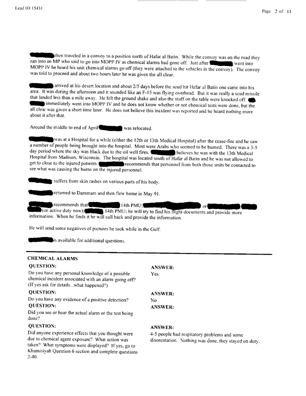 Lead Sheet #15431, Interview with 14th Medical Detachment preventive medicine specialist, March 11, 1998.